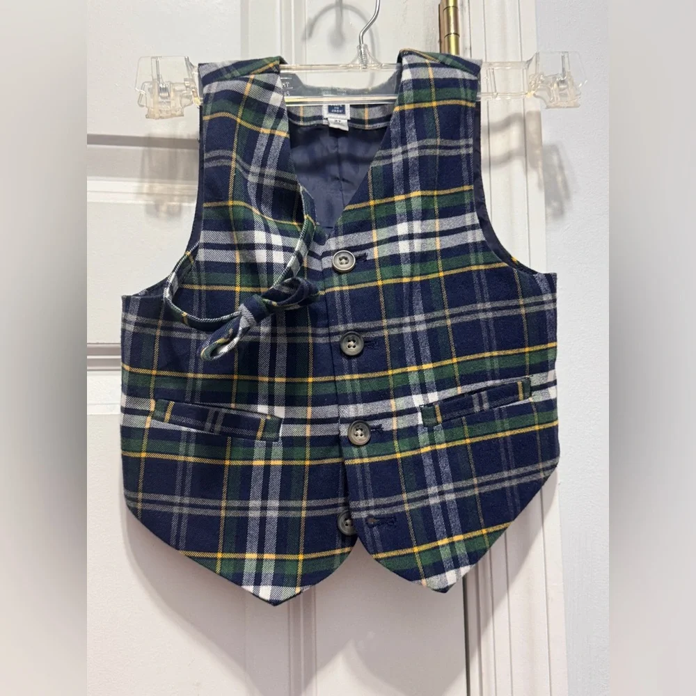 Janie and Jack Blue and Green Plaid Vest and bow tie size 2 T